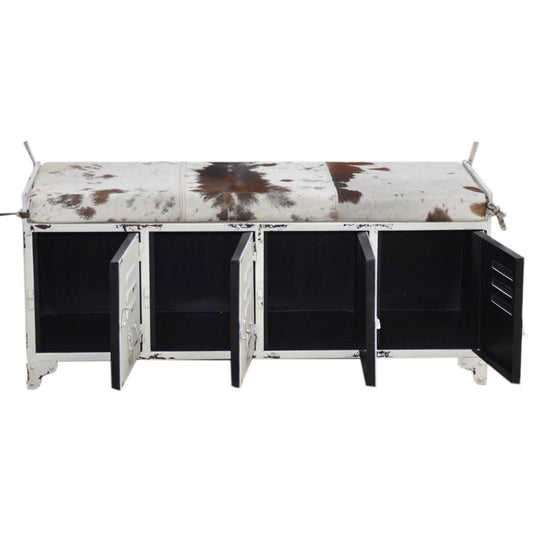 RANCHI COWHIDE IRON LOCKER BENCH WITH 4 DOORS - MyChocolateWood