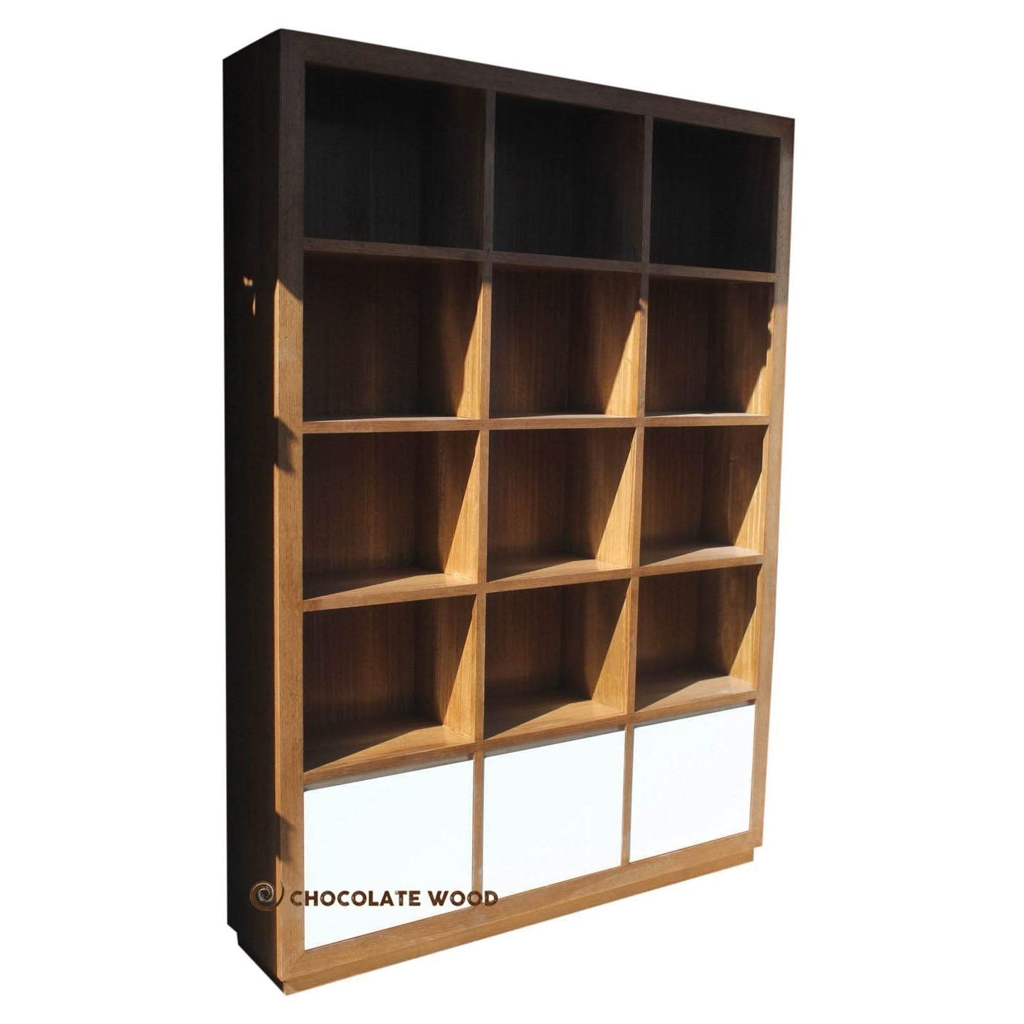 RODIN 9 CUBE 3 DRAWER DISPLAY CABINET IN TASSIE OAK CLEAR LACQUER CUSTOM MADE - MyChocolateWood