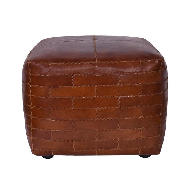 RONNIE SQUARE OTTOMAN IN AGED LEATHER WITH EMBROIDERED BRICK MOTIF - MyChocolateWood