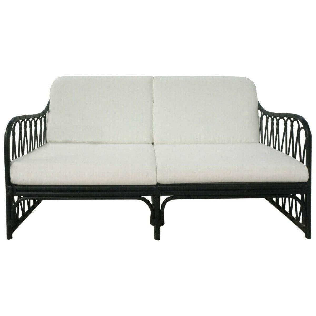 RUSSO HAMPTON BLACK RATTAN 2.5 SEATER SOFA SETTEE COUCH WHITE CUSHION - MyChocolateWood