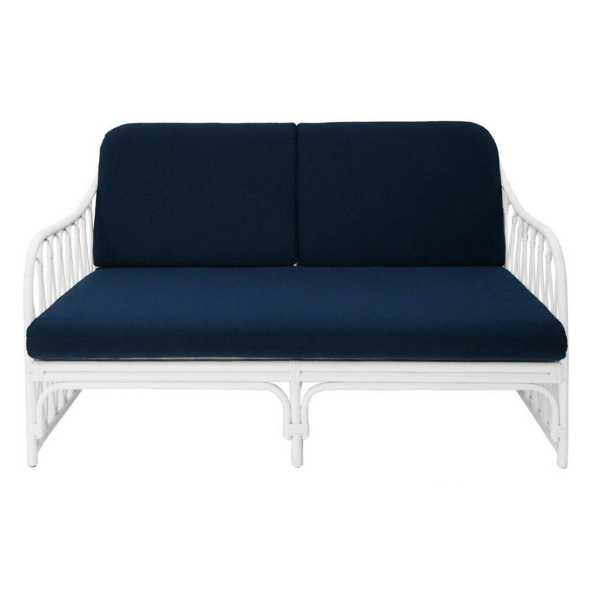 RUSSO HAMPTON WHITE RATTAN 2.5 SEATER SOFA SETTEE COUCH NAVY BLUE CUSHION - MyChocolateWood