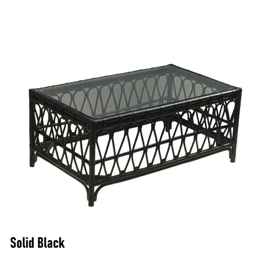 RUSSO TEMPERED GLASS TOP RATTAN COFFEE TABLE IN SOLID BLACK
