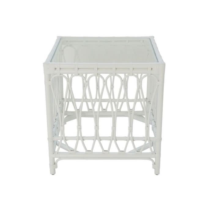 RUSSO TEMPERED GLASS TOP RATTAN SIDE TABLE IN SOLID WHITE - MyChocolateWood