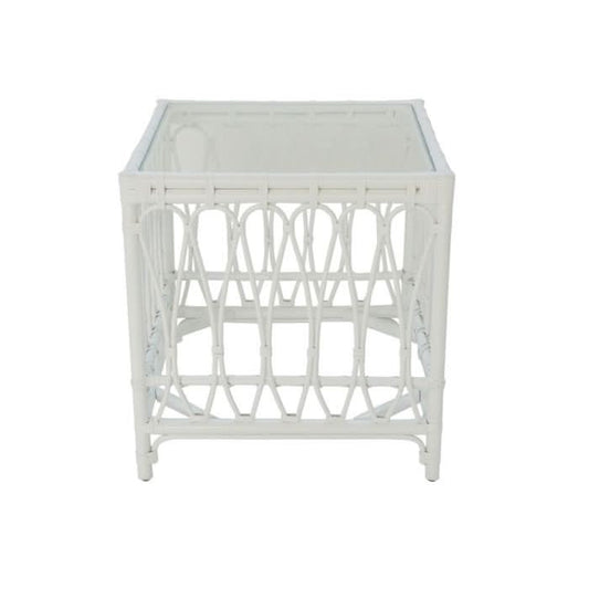 RUSSO TEMPERED GLASS TOP RATTAN SIDE TABLE IN SOLID WHITE - MyChocolateWood