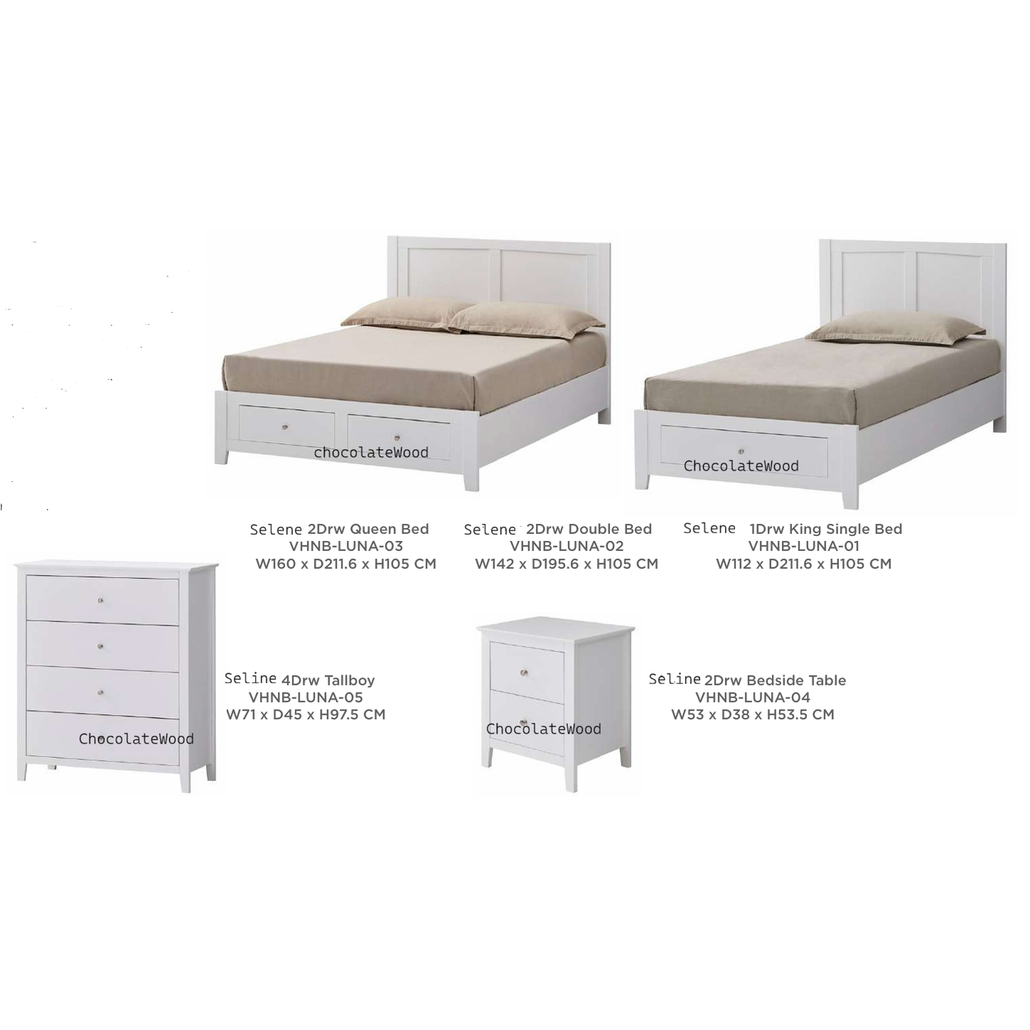 SELENE RUBBERWOOD 4 PIECE BEDROOM SUITE: 1-DRAWER KING SINGLE BED 2BEDSIDE TABLE 1 TALLBOY - MyChocolateWood