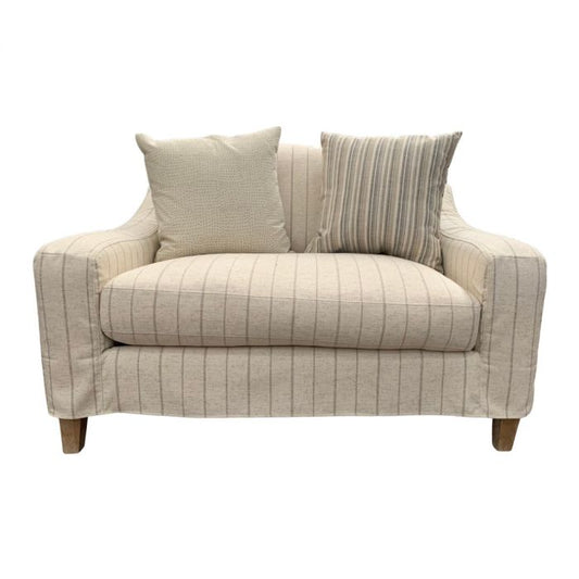 SERVINI FABRIC 1.5 SEATER LOUNGE SOFA CALANTINO STRIPE WITH CONTRASTING THROWS