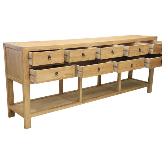 SHULI CHINESE ANTIQUE REPRODUCTION 9-DRAWER HALL TABLE WITH SHELF RECLAIMED ELM - MyChocolateWood