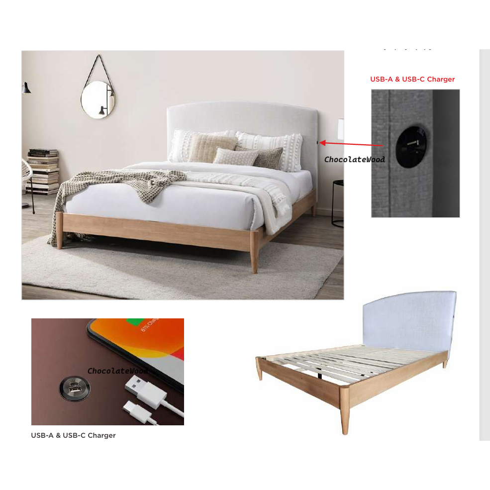 SOLENE FABRIC DOUBLE BED WITH UPH BH & USB SANDSTONE - MyChocolateWood