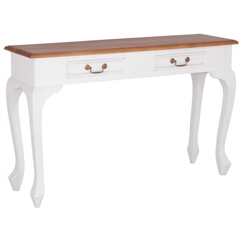 STEWART QUEEN ANN STYLE SOLID MAHOGANY 2 DRAWERS 120CM CONSOLE TABLE WHITE/CARAMEL - MyChocolateWood