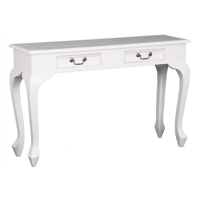 STEWART QUEEN ANN STYLE SOLID MAHOGANY CONSOLE / HALL TABLE 2 DRAWERS WHITE 120 CM - MyChocolateWood