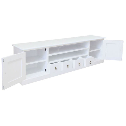 TASMANIA MAHOGANY TIMBER 2 DOORS & 4 DVD SIZE DRAWERS 200CM TV UNIT/ENTERTAINMENT UNIT IN WHITE - MyChocolateWood