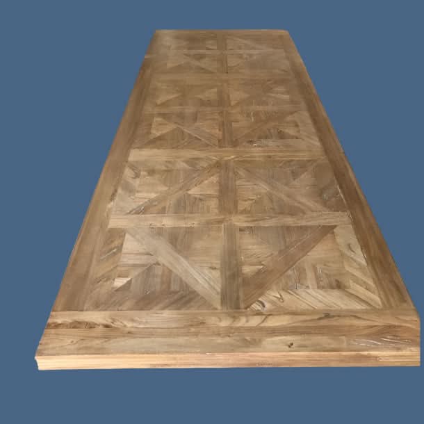 THE ROYAL KENSIT RECYCLED ELM DINING TABLE PARQUETRY TOP 320CM - MyChocolateWood