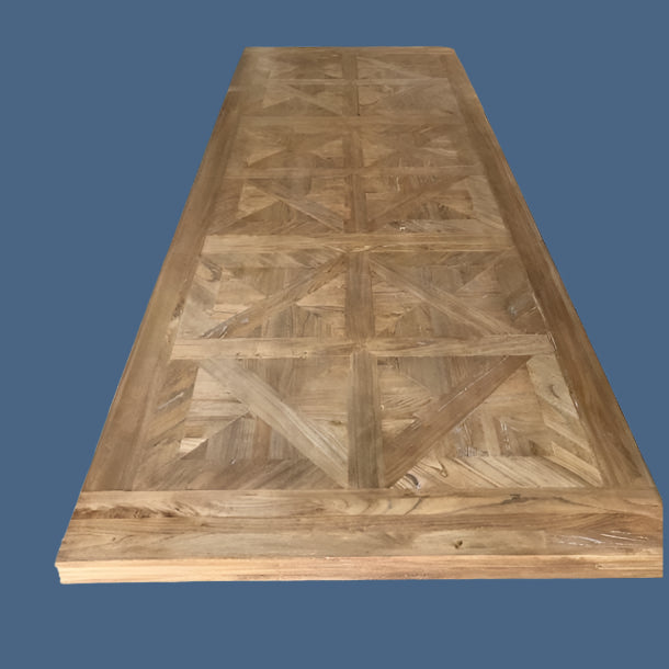 THE ROYAL KENSIT RECYCLED ELM DINING TABLE PARQUETRY TOP 320CM - MyChocolateWood