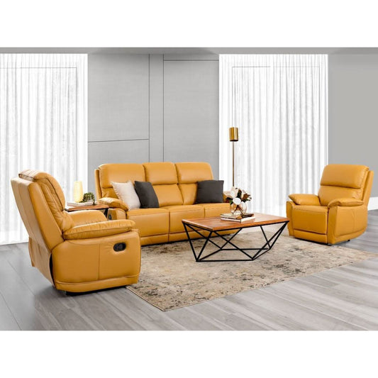 TORELLI GENUINE LEATHER 3-SEATER RECLINER +2 SINGLE RECLINER ARMCHAIRS LOUNGE SUITE MUSTARD - MyChocolateWood