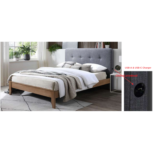 VARGAS FABRIC QUEEN BED WITH USB DARK GREY