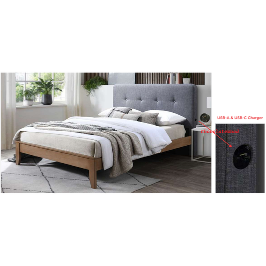 VARGAS FABRIC QUEEN BED WITH USB DARK GREY - MyChocolateWood
