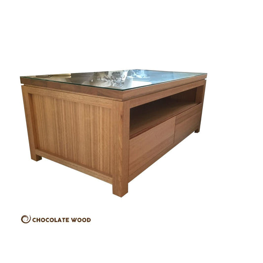 VERMONT TASSIE OAK 2 DRAWER COFFEE TABLE WITH A GLASS TOP AUSTRALIAN CUSTOM MADE - MyChocolateWood