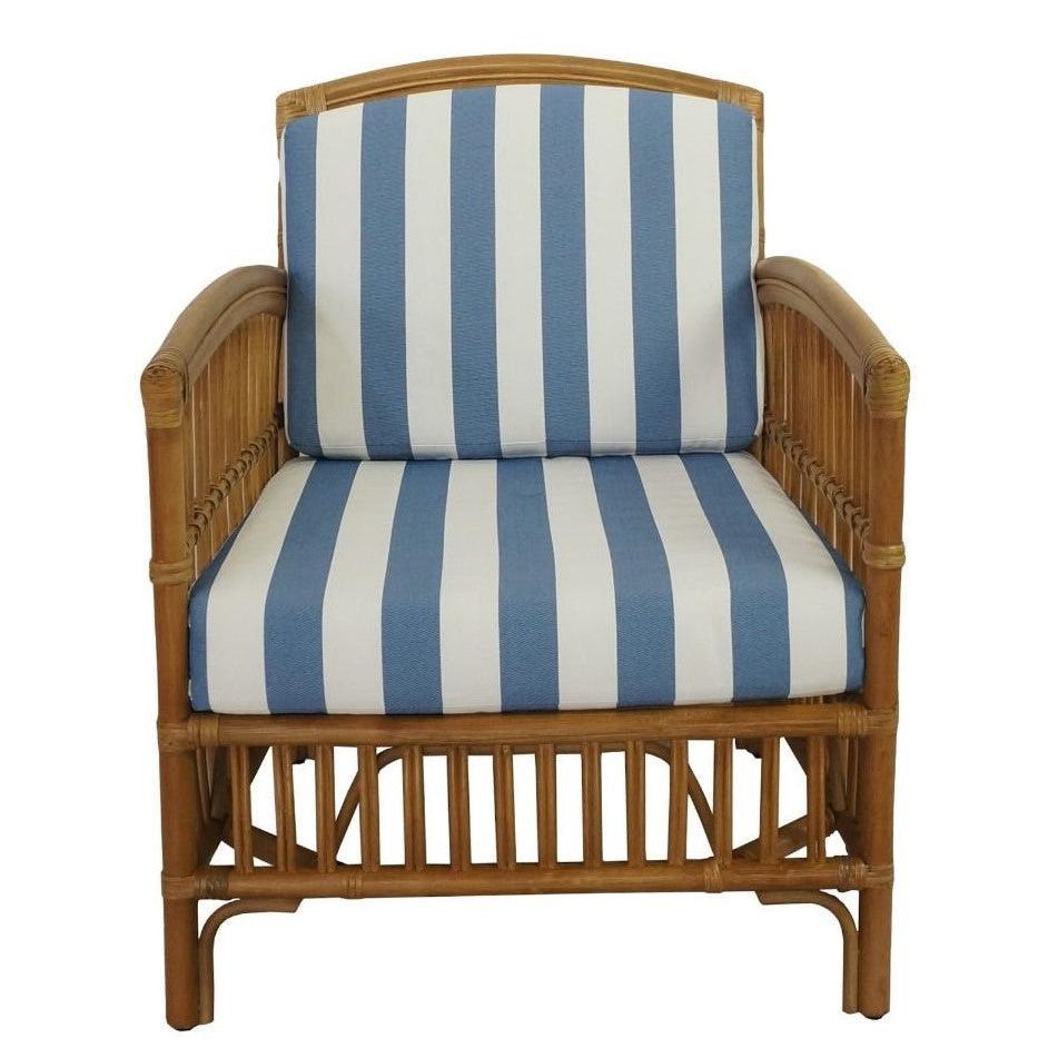 SHIPTON HAMPTONS RATTAN ARMCHAIR IN TOBACCO/TAUPE CUSHION WITH AN ADDITIONAL OUTDOOR CUSHION COVER IN BLUE & WHITE STRIPE - MyChocolateWood