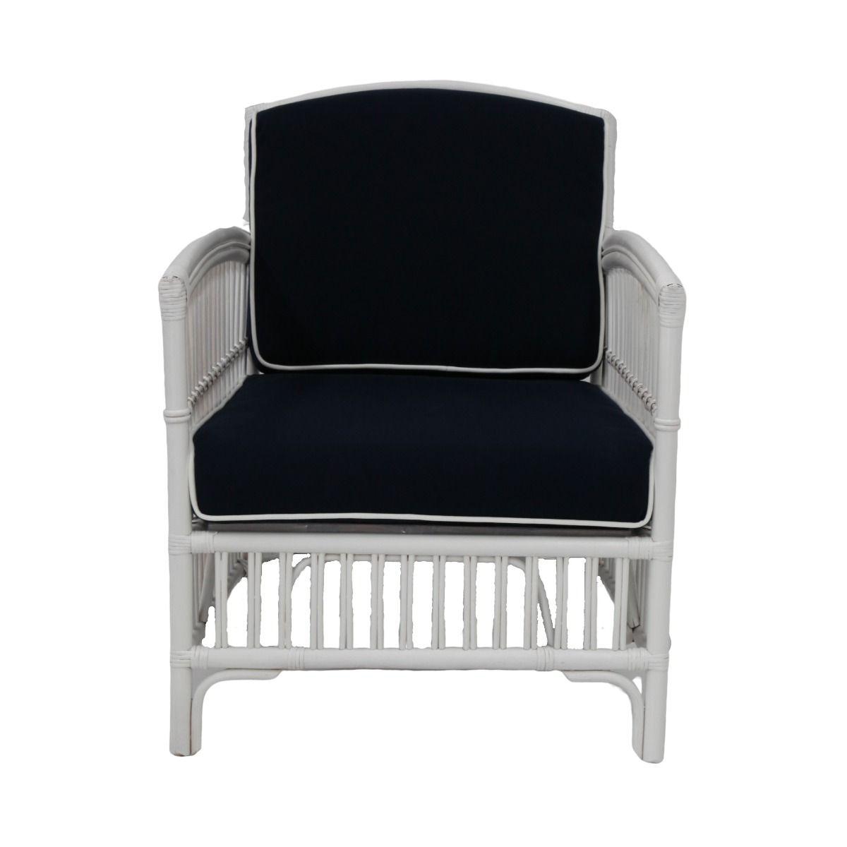 SHIPTON HAMPTONS RATTAN ARMCHAIR IN WHITE/NAVY CUSHION