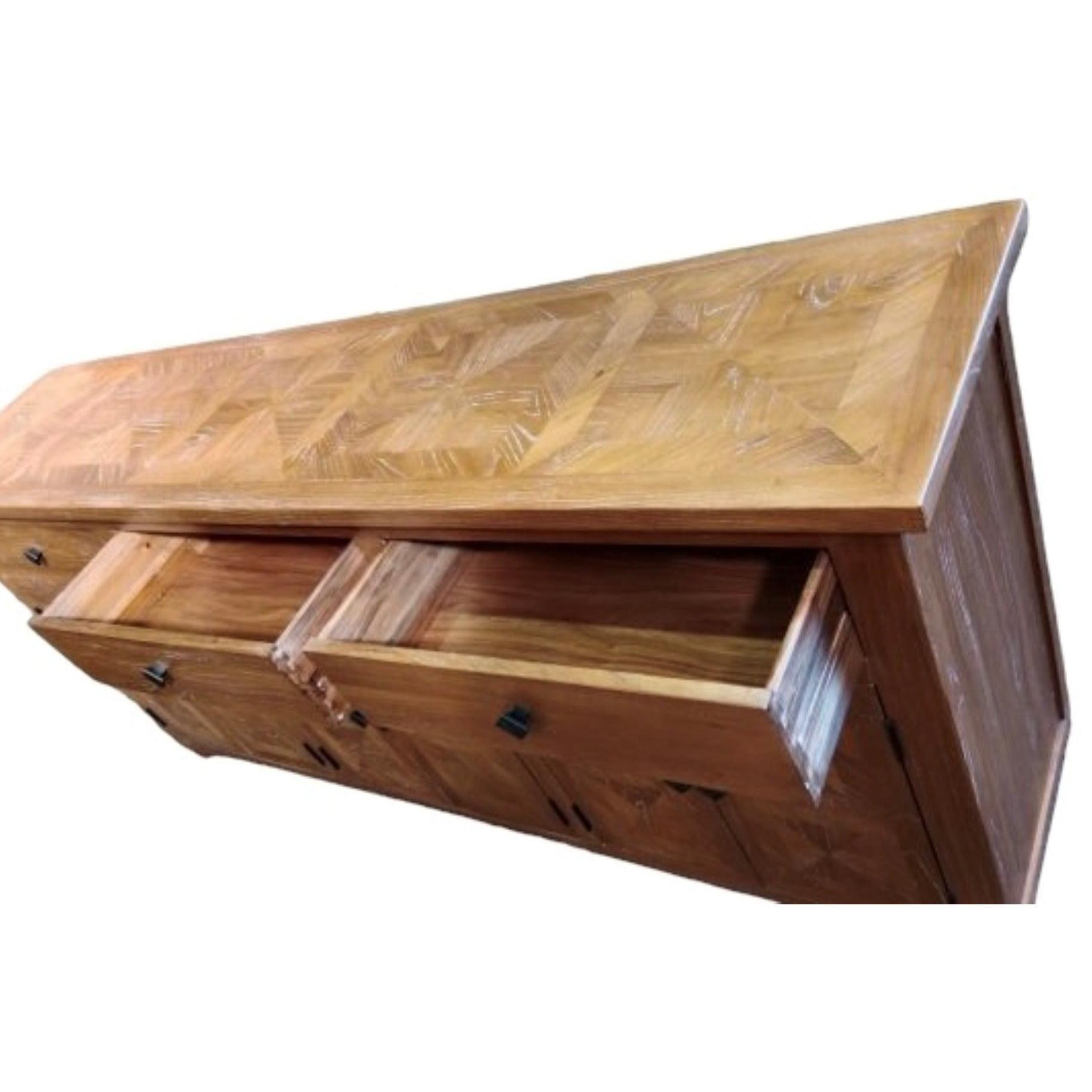 KENSIT HAMPTONS RUSTIC RECYCLED ELM BUFFET/ SIDEBOARD PARQUETRY PATTERN 3 DRAWERS 6 DOORS 200 CM - MyChocolateWood