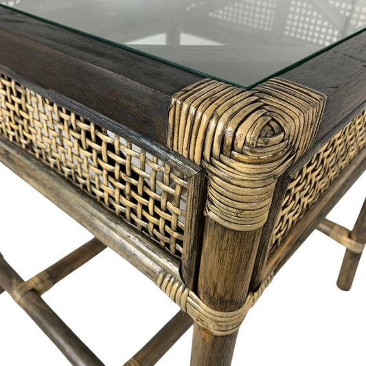 CAMINO RATTAN & MANGO LAMP TABLE/SIDE TABLE BLACK SHADOW WITH GLASS TOP - MyChocolateWood