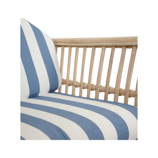 DENIZE HAMPTONS RATTAN ARMCHAIR IN NATURAL WITH A WHITE CUSHION AND AN ADDITIONAL OUTDOORS COVER IN BLUE & WHITE STRIPES - MyChocolateWood