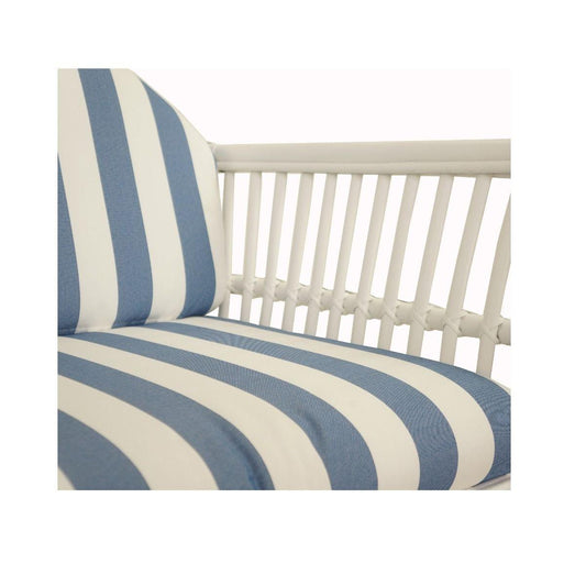 DENIZE HAMPTONS RATTAN ARMCHAIR IN WHITE WITH A NAVY CUSHION AND AN ADDITIONAL OUTDOORS COVER IN BLUE & WHITE STRIPES - MyChocolateWood