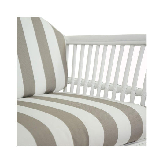 DENIZE HAMPTONS RATTAN ARMCHAIR IN WHITE WITH A NAVY CUSHION AND AN ADDITIONAL OUTDOORS COVER IN BROWN & WHITE STRIPES - MyChocolateWood