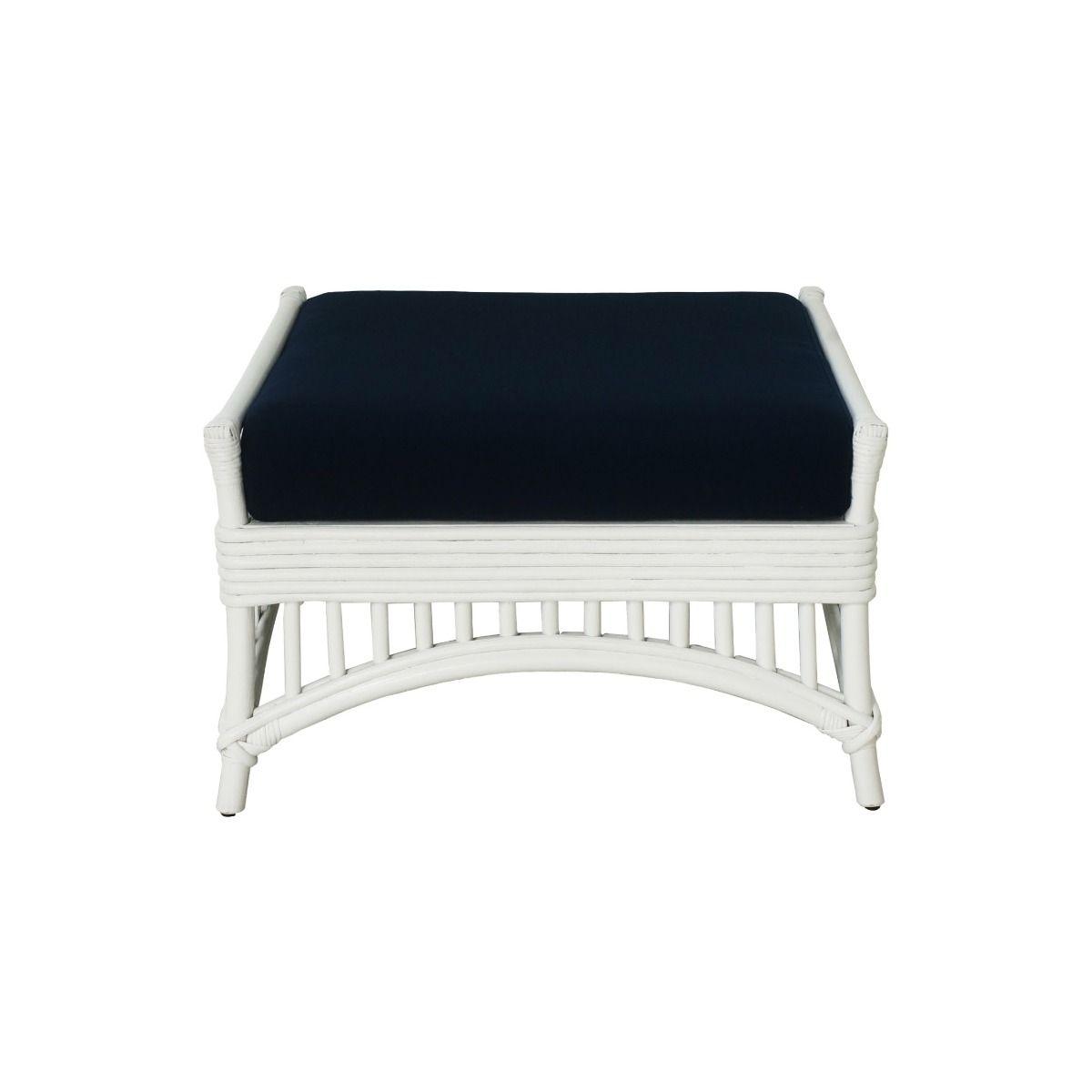 DENIZE HAMPTONS RATTAN OTTOMAN/POUF/FOOTSTOOL IN WHITE WITH A NAVY CUSHION AND AN ADDITIONAL OUTDOORS COVER IN BROWN & WHITE STRIPES - MyChocolateWood