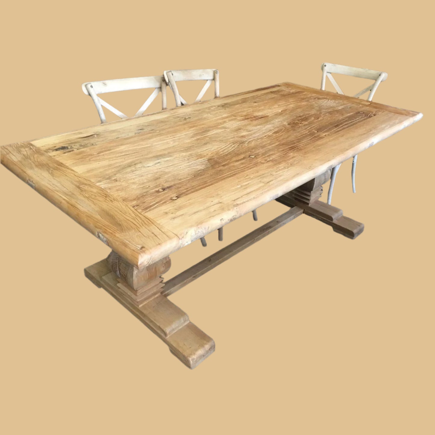 CLIFTON RUSTIC RECYCLED ELM DINING TABLE HAMPTONS STYLE 250CM - NATURAL DRIFTWOOD - MyChocolateWood