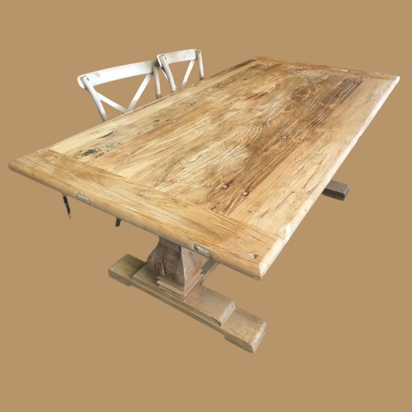 CLIFTON RUSTIC RECYCLED ELM DINING TABLE HAMPTONS STYLE 250CM - NATURAL DRIFTWOOD - MyChocolateWood
