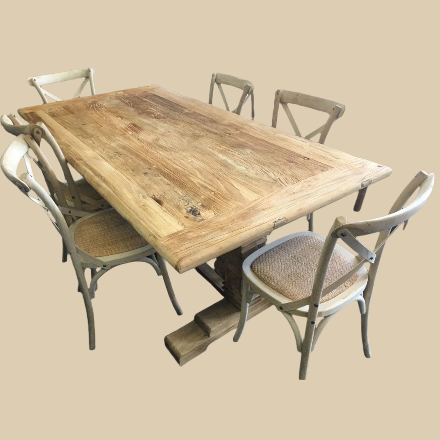 CLIFTON RUSTIC RECYCLED ELM DINING TABLE HAMPTONS STYLE 250CM - NATURAL DRIFTWOOD - MyChocolateWood
