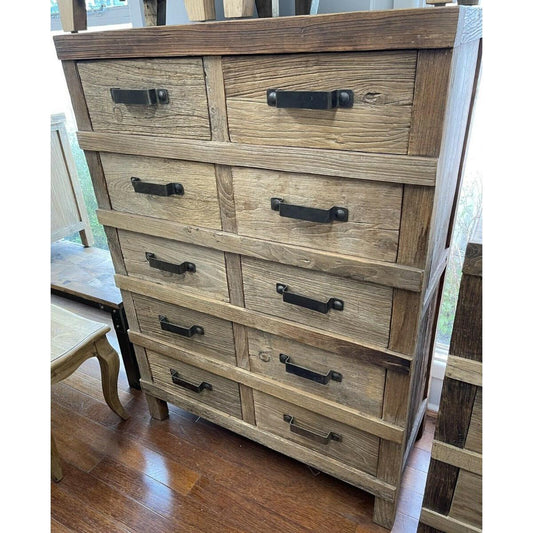 FAIRMONT RECYCLED ELM TALLBOY/ CHEST OF 10 DRAWERS IRON HANDLES INDUSTRIAL - MyChocolateWood