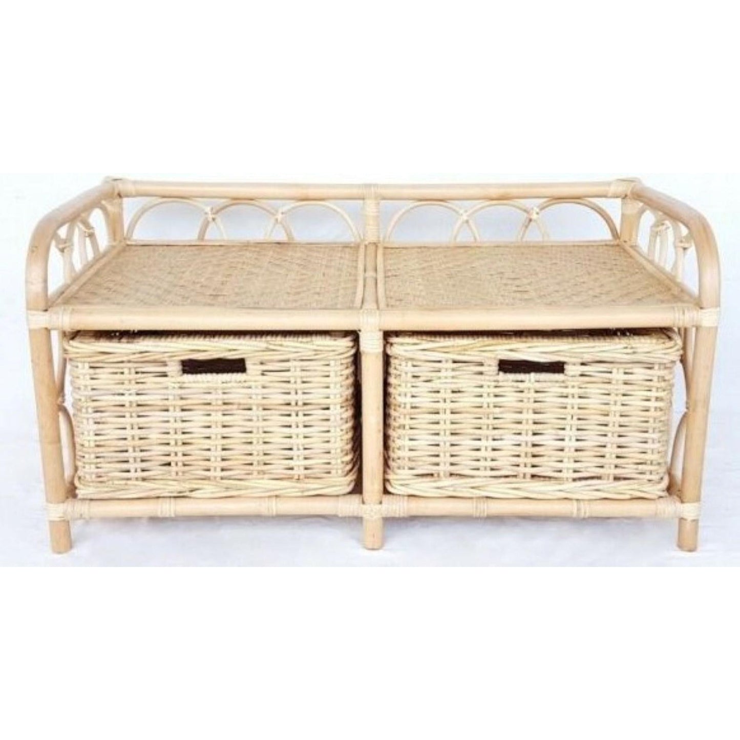 RATTAN STORAGE BENCH/HALLWAY BENCH W/ 2 RATTAN STORAGE BASKETS/ IN NATURAL - MyChocolateWood
