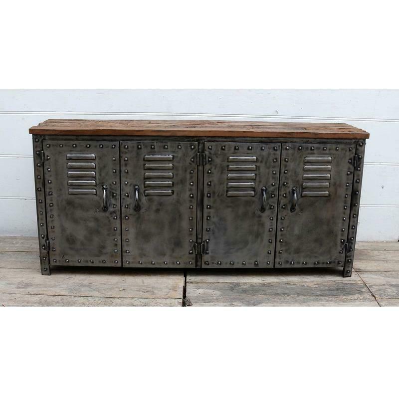 NEWTON VINTAGE IRON LOCKER SIDEBOARD BUFFET/RECLAIMED RAILWAY SLEEPER WOOD