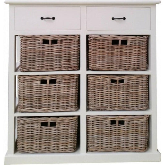 NICE SOLID MAHOGANY TALLBOY WITH 6 WICKER BASKETS & 2 TIMBER DRAWERS - MyChocolateWood