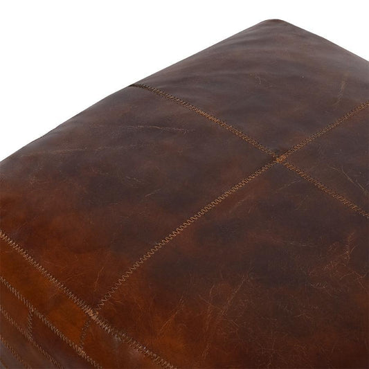 RONNIE SQUARE OTTOMAN IN AGED LEATHER WITH EMBROIDERED BRICK MOTIF - MyChocolateWood