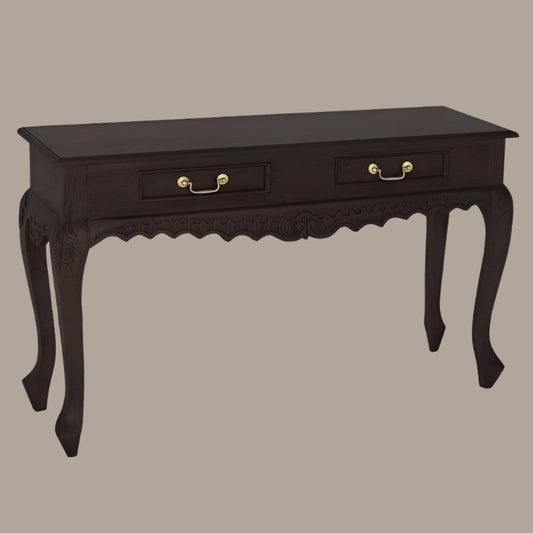 GABRIELLE QUEEN ANN SOLID MAHOGANY CARVED CONSOLE TABLE/HALL TABLE 2 DRAWERS IN CHOCOLATE 120CM - MyChocolateWood