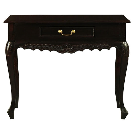GABRIELLE QUEEN ANN CARVED SOLID MAHOGANY 1 DRAW 90CM CONSOLE TABLE IN CHOCOLATE - MyChocolateWood