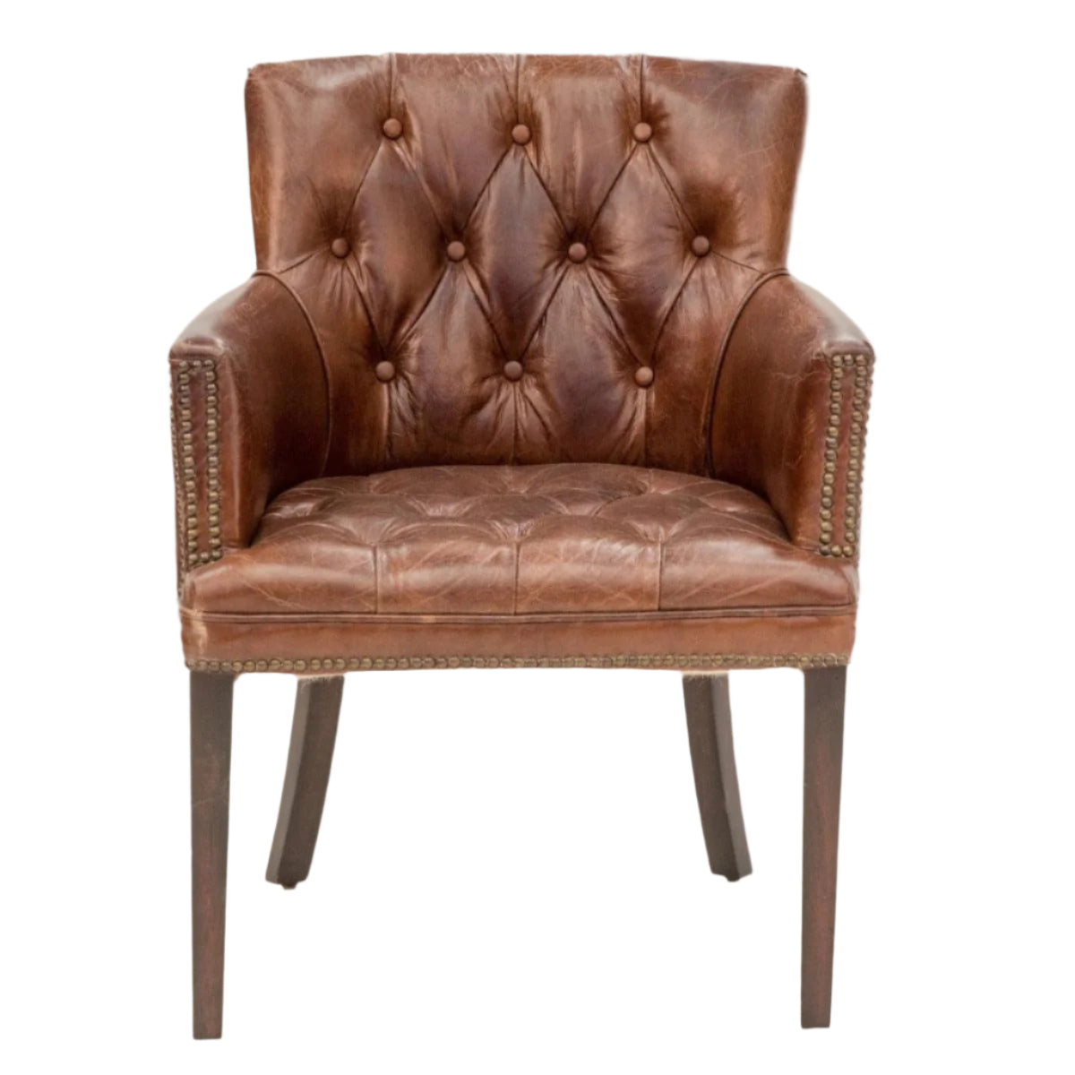 VERDON VINTAGE LEATHER ARMCHAIR ACCENT CHAIR WITH BRASS STUD TRIM