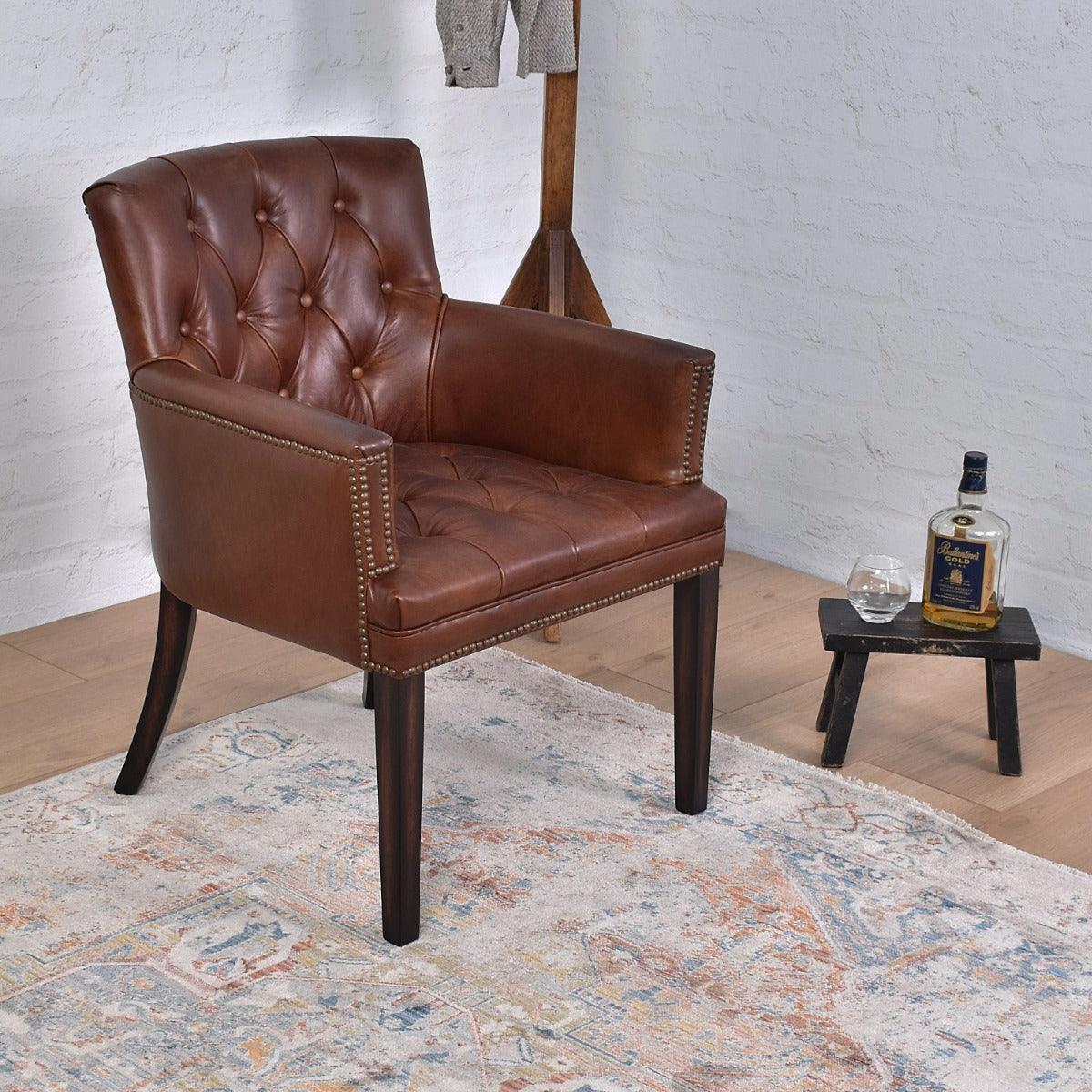 VERDON VINTAGE LEATHER ARMCHAIR ACCENT CHAIR WITH BRASS STUD TRIM