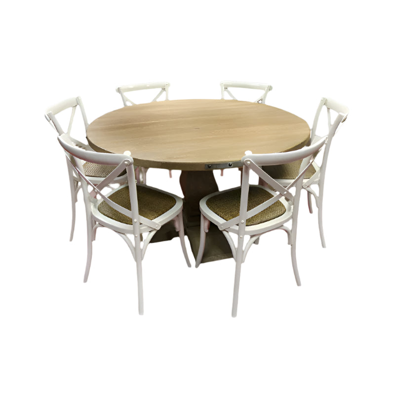ASTI MANGO WOOD ROUND PEDESTAL DINING TABLE 135CM DIA. + 6 MELROSE CROSS BACK DINING CHAIRS IN WHITE - PACKAGE DEAL - MyChocolateWood