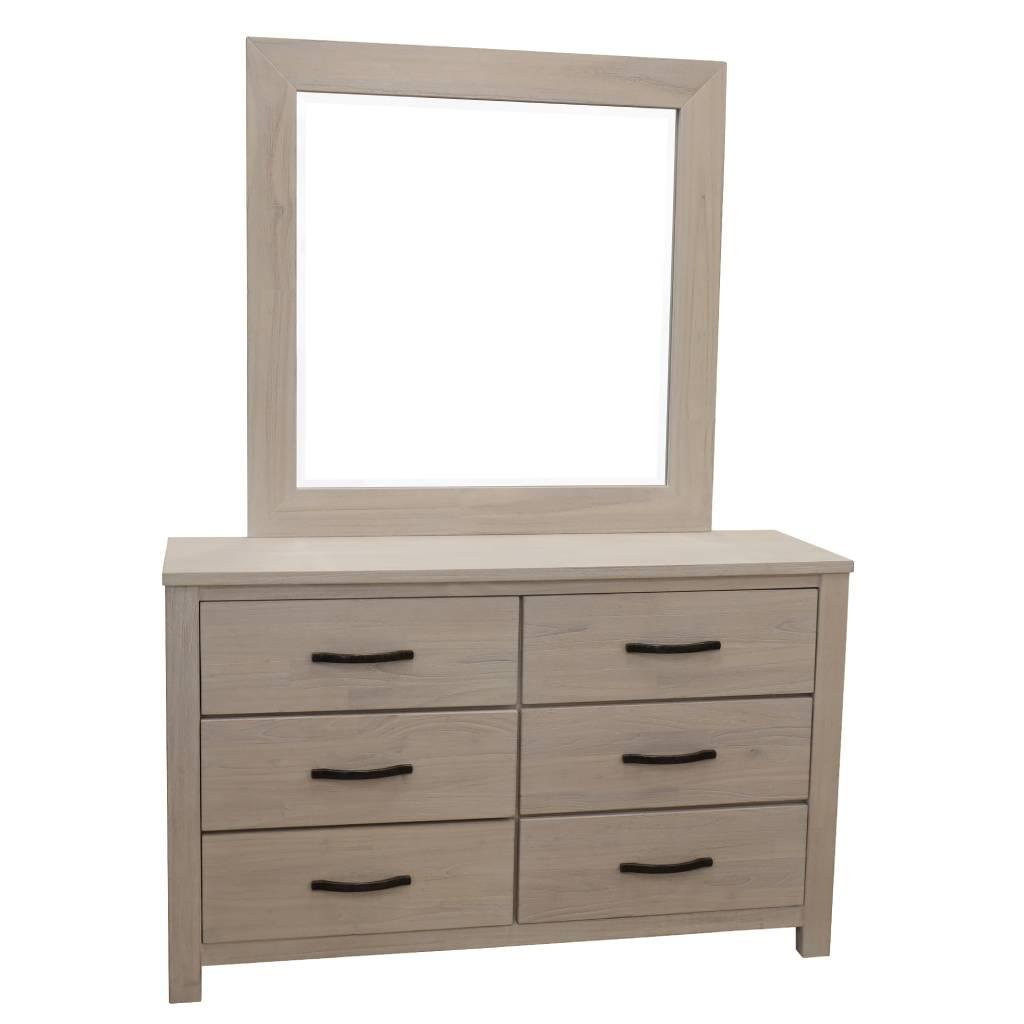 MANLY 6 DRAWER DRESSER IN BRUSHED WHITEWASH + MIRROR 132CM