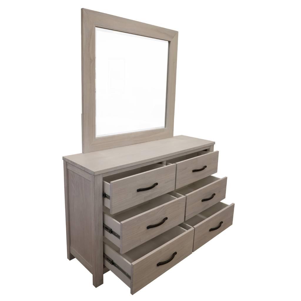 MANLY 6 DRAWER DRESSER IN BRUSHED WHITEWASH + MIRROR 132CM