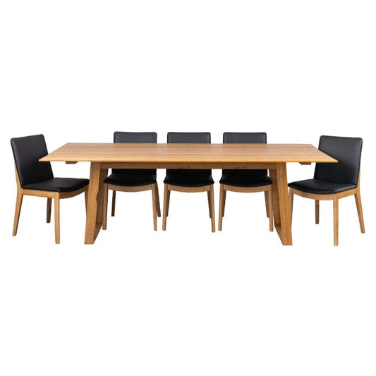 TAMWORTH MARRI WOOD 9 PIECE DINING DINING SET - 1 DINING TABLE 240CM & 7 BLACK LEATHER DINING CHAIRS - MyChocolateWood