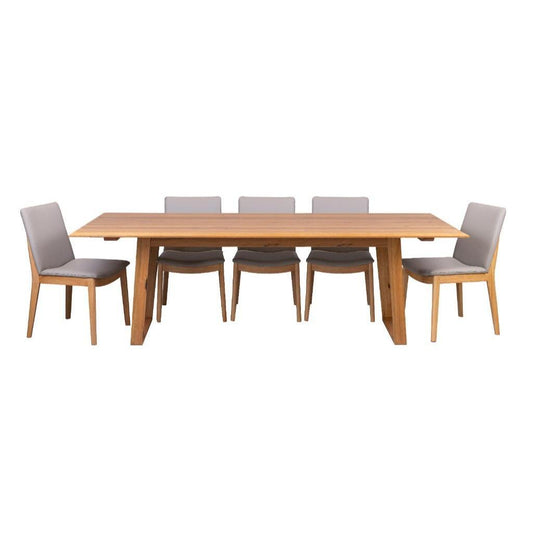 TAMWORTH MARRI WOOD 9 PIECE DINING SET -1 DINING TABLE 240CM & 8 PEWTER LEATHER DINING CHAIRS - MyChocolateWood