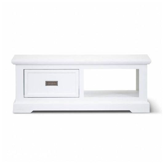 ANIKA SOLID ACACIA WOOD COFFEE TABLE WITH 1 DRAWER & A SHELF IN VIVID WHITE - MyChocolateWood