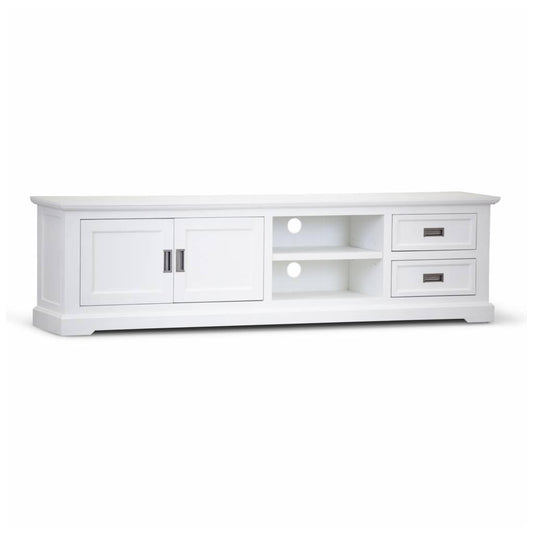 ANIKA SOLID ACACIA WOOD TV UNIT 2-DOORS 2 DRAWERS & 2 SHELVES IN VIVID WHITE - MyChocolateWood