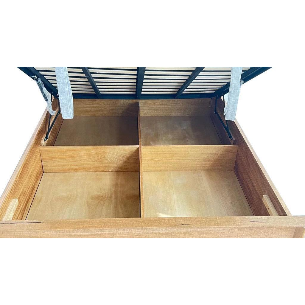 BUNGARRA GAS LIFT STORAGE QUEEN SIZE BED IN MARRI WOOD - NATURAL - MyChocolateWood