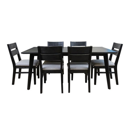 ELIJAH BRUSHED BLACK ACACIA TIMBER 7-PIECE DINING SET 1 TABLE 180CM + 6 DINING CHAIRS - MyChocolateWood